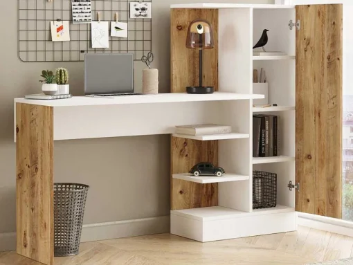 Secretária Com Armário De Arrumação Cor Natural E Branco - Milaria