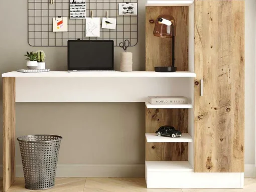 Secretária Com Armário De Arrumação Cor Natural E Branco - Milaria