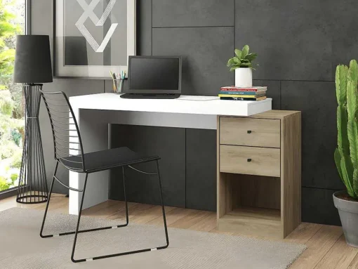 Secretária Extensivel Com 2 Gavetas E 1 Nicho Branco E Carvalho - Evan