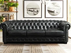 Sofá 4 Lugares 100% Pele Verde Escuro Estilo Chesterfield - Brenton