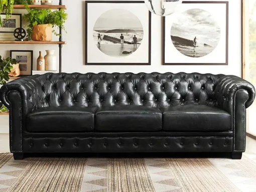 Sofá 4 Lugares 100% Pele Verde Escuro Estilo Chesterfield - Brenton