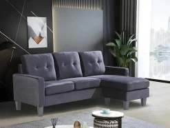 Sofá + Pufe Conversivel Em Chaise Longue 184X131 Cm 3 Lugares Cor Preta