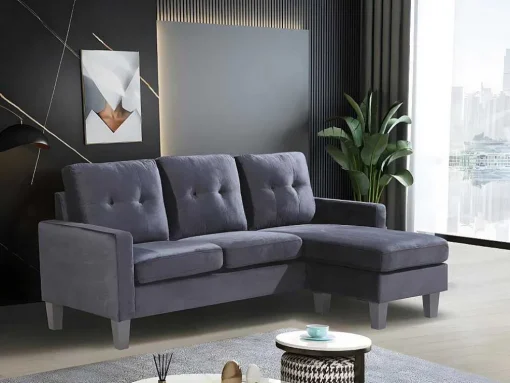 Sofá + Pufe Conversivel Em Chaise Longue 184X131 Cm 3 Lugares Cor Preta