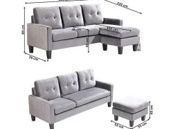 Sofá + Pufe Conversivel Em Chaise Longue 184X131 Cm 3 Lugares Cor Preta