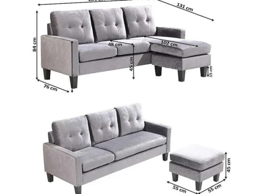 Sofá + Pufe Conversivel Em Chaise Longue 184X131 Cm 3 Lugares Cor Preta