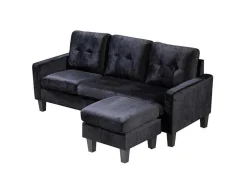 Sofá + Pufe Conversivel Em Chaise Longue 184X131 Cm 3 Lugares Cor Preta