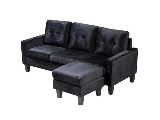 Sofá + Pufe Conversivel Em Chaise Longue 184X131 Cm 3 Lugares Cor Preta