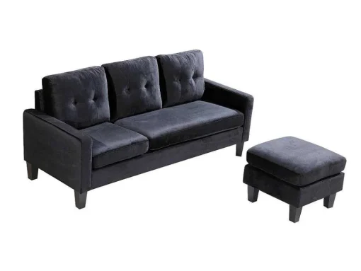 Sofá + Pufe Conversivel Em Chaise Longue 184X131 Cm 3 Lugares Cor Preta