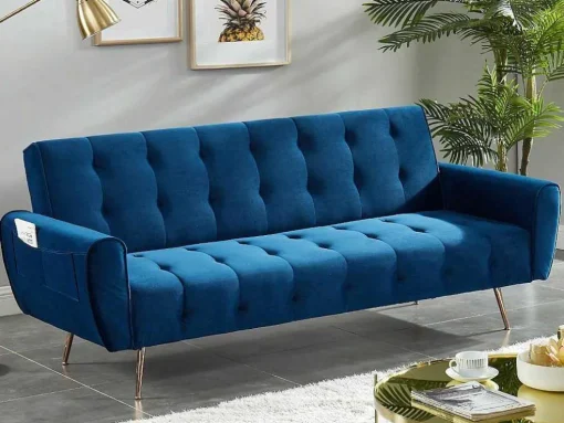 Sofá Cama Clic Calc De 3 Lugares Em Veludo Azul Escuro - Polani