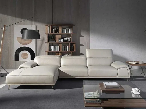 Sofá Chaise Longue Em Couro De Vaca Cinzento Taupe 6149