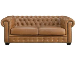 Sofá Chesterfield 3 Lugares Brenton 100% Pele De Bufalo Superior Cor Caramelo Vintage