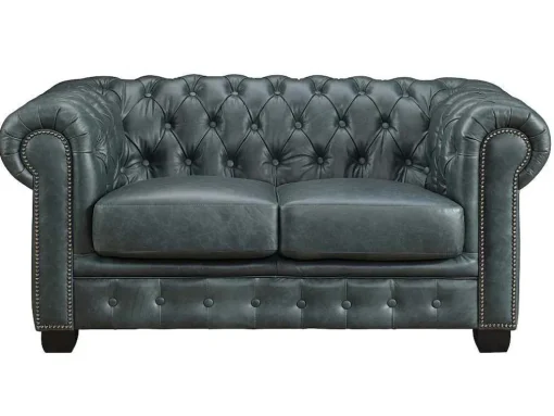 Sofá Chesterfield 3+2 Lugares Brenton 100% Pele De Bufalo Superior Cor Verde-Acinzentado