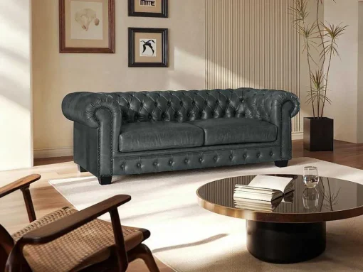 Sofá Chesterfield 3 Lugares Brenton 100% Pele De Bufalo Superior Cor Verde-Acinzentado