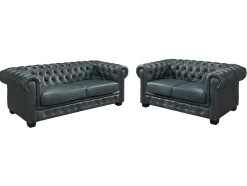 Sofá Chesterfield 3+2 Lugares Brenton 100% Pele De Bufalo Superior Cor Verde-Acinzentado