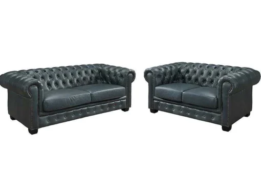 Sofá Chesterfield 3+2 Lugares Brenton 100% Pele De Bufalo Superior Cor Verde-Acinzentado