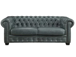Sofá Chesterfield 3+2 Lugares Brenton 100% Pele De Bufalo Superior Cor Verde-Acinzentado