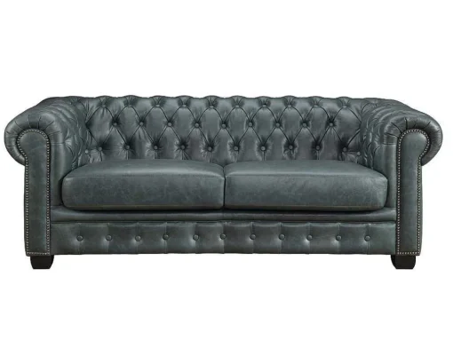 Sofá Chesterfield 3+2 Lugares Brenton 100% Pele De Bufalo Superior Cor Verde-Acinzentado