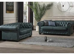Sofá Chesterfield 3+2 Lugares Brenton 100% Pele De Bufalo Superior Cor Verde-Acinzentado