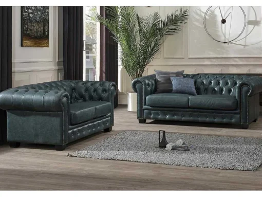 Sofá Chesterfield 3+2 Lugares Brenton 100% Pele De Bufalo Superior Cor Verde-Acinzentado