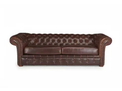 Sofá De 3 Lugares 100% Pele Envelhecida Castanho Estilo Chesterfield - Clotaire