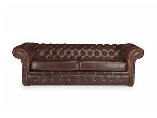 Sofá De 3 Lugares 100% Pele Envelhecida Castanho Estilo Chesterfield - Clotaire
