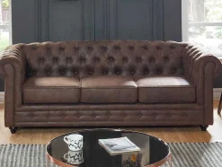 Sofá De 3 Lugares Chesterfield Em Microfibra Com Aspeto De Pele Envelhecida