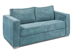 Sofá De 3 Lugares Convertivel Abertura Rapida Veludo Canelado Azul-Turquesa, Cama De Ripas Largas 140 Cm E Colchão 18 Cm - Loreto