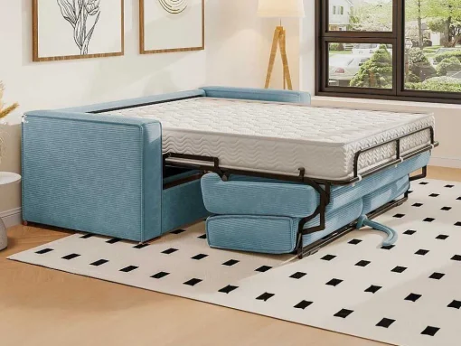 Sofá De 3 Lugares Convertivel Abertura Rapida Veludo Canelado Azul-Turquesa, Cama De Ripas Largas 140 Cm E Colchão 18 Cm - Loreto