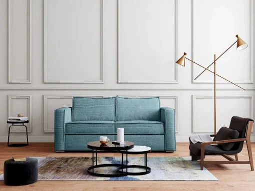 Sofá De 3 Lugares Convertivel Abertura Rapida Veludo Canelado Azul-Turquesa, Cama De Ripas Largas 140 Cm E Colchão 18 Cm - Loreto