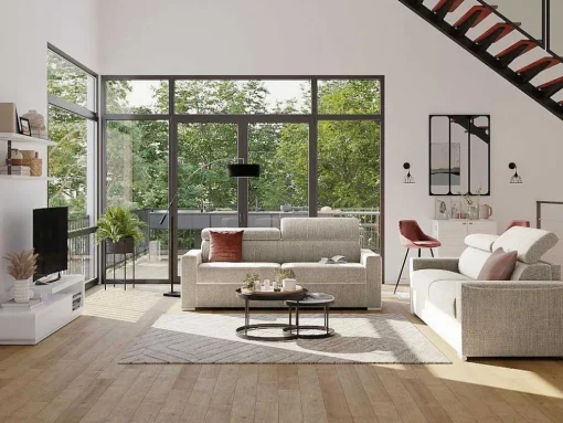 Sofá De 4 Lugares Convertivel De Abertura Rapida Em Tecido Vizir - Bege - Cama De Ripas Largas De 160 Cm - Colchão De 22 Cm Com Memória De Forma