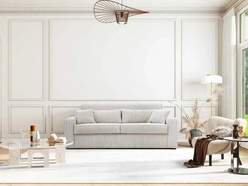 Sofá De 4 Lugares Convertivel Abertura Rapida Tecido Creme, Cama De 160 Cm, Colchão De 18 Cm - Mondovi