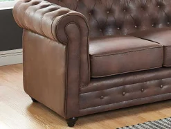 Sofá De 3 Lugares E 2 Cadeiroes Chesterfield Em Microfibra Com Aspeto De Pele Envelhecida