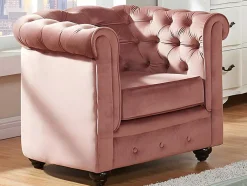 Sofá De 3 Lugares E 2 Cadeiroes Chesterfield - Veludo Rosa Pastel