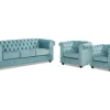 Sofá De 3 Lugares E 2 Cadeiroes Chesterfield - Veludo Azul Pastel