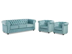 Sofá De 3 Lugares E 2 Cadeiroes Chesterfield - Veludo Azul Pastel