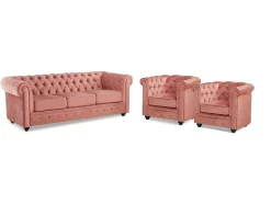 Sofá De 3 Lugares E 2 Cadeiroes Chesterfield - Veludo Rosa Pastel