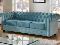 Sofá De 3 Lugares E 2 Cadeiroes Chesterfield - Veludo Azul Pastel