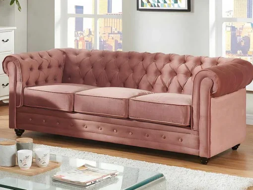 Sofá De 3 Lugares E 2 Cadeiroes Chesterfield - Veludo Rosa Pastel