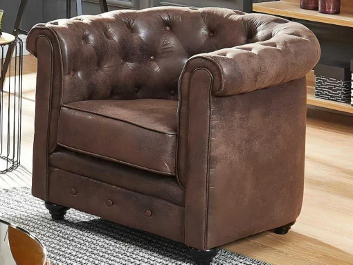 Sofá De 3 Lugares E 2 Cadeiroes Chesterfield Em Microfibra Com Aspeto De Pele Envelhecida