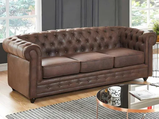 Sofá De 3 Lugares E 2 Cadeiroes Chesterfield Em Microfibra Com Aspeto De Pele Envelhecida