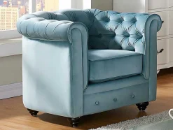 Sofá De 3 Lugares E Cadeirão Chesterfield - Veludo Azul Pastel