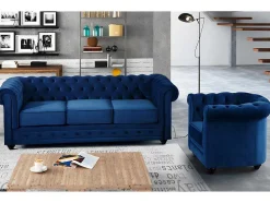 Sofá De 3 Lugares E Cadeirão Chesterfield - Veludo Azul Real