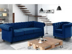 Sofá De 3 Lugares E Cadeirão Chesterfield - Veludo Azul Real