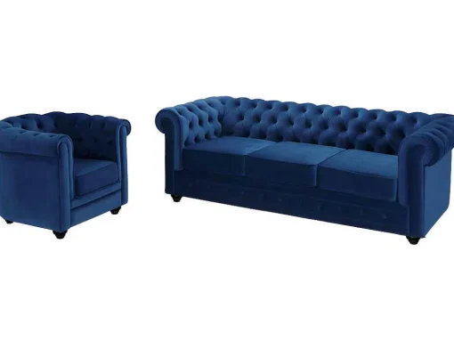 Sofá De 3 Lugares E Cadeirão Chesterfield - Veludo Azul Real