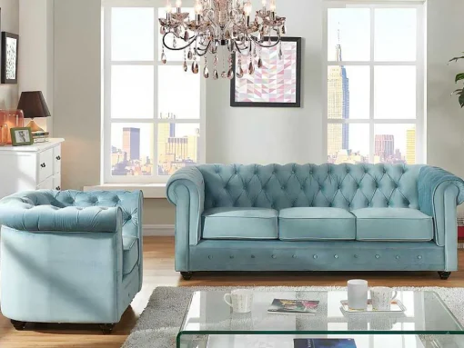 Sofá De 3 Lugares E Cadeirão Chesterfield - Veludo Azul Pastel