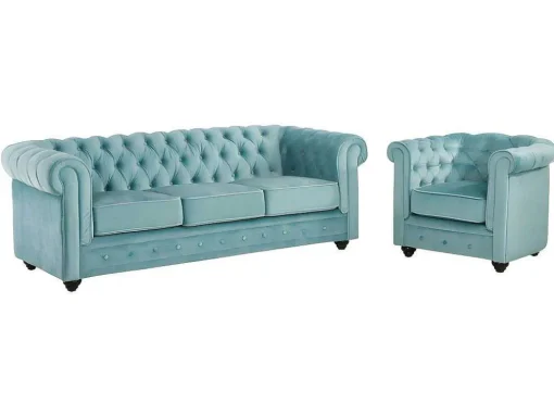 Sofá De 3 Lugares E Cadeirão Chesterfield - Veludo Azul Pastel