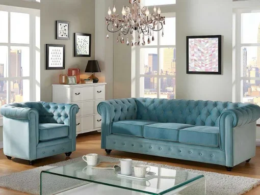 Sofá De 3 Lugares E Cadeirão Chesterfield - Veludo Azul Pastel