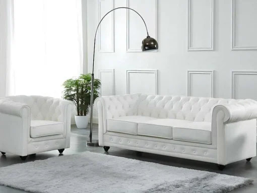 Sofá De 3 Lugares Em Pele De Bufalo - Branco - Chesterfield