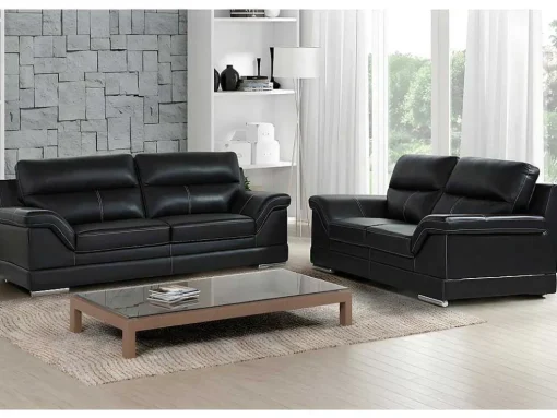 Sofá De 3+2 Lugares Em Pele De Bufalo Preto - Monika