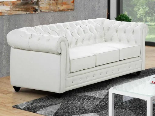 Sofá De 3 Lugares Em Pele Sintética Branco - Chesterfield
